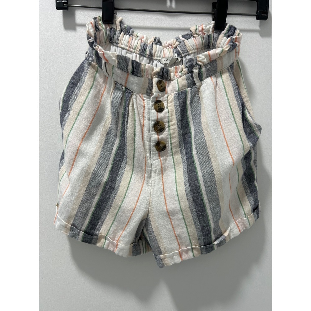 American Eagle Striped Paperbag Waist Shorts Linen Blend Multi Color Small